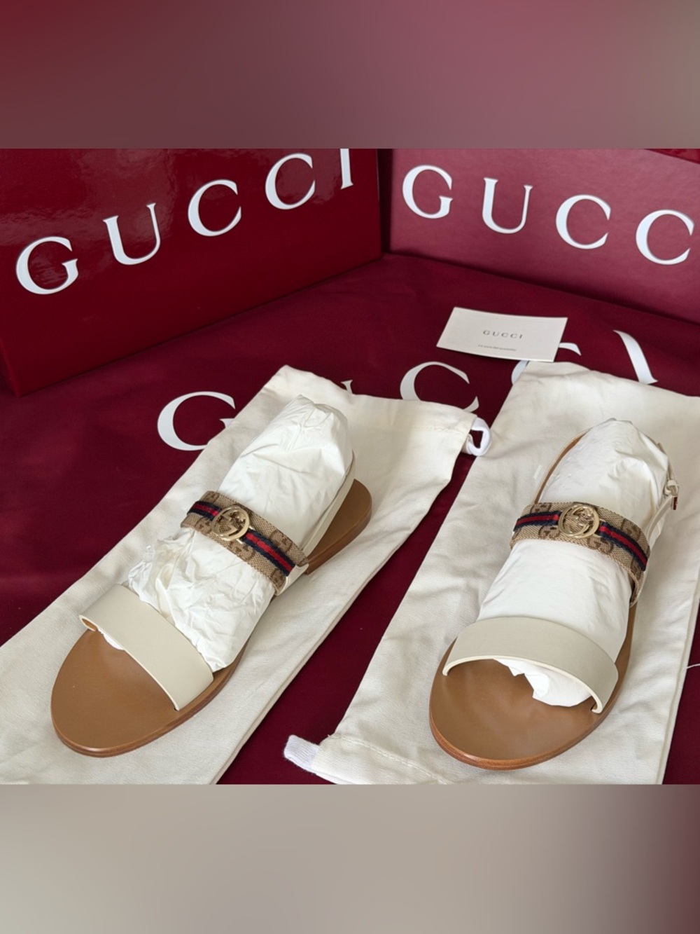 Gucci Beige & Navy Web GG Slide Sandals with Gold Logo 38.5 NIB